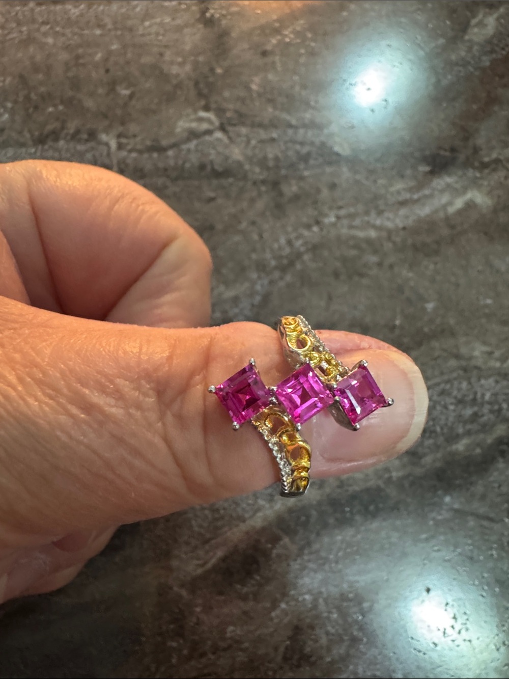 Elegant Pink Square-Cut Gemstone Ring with Yellow Accent Stones